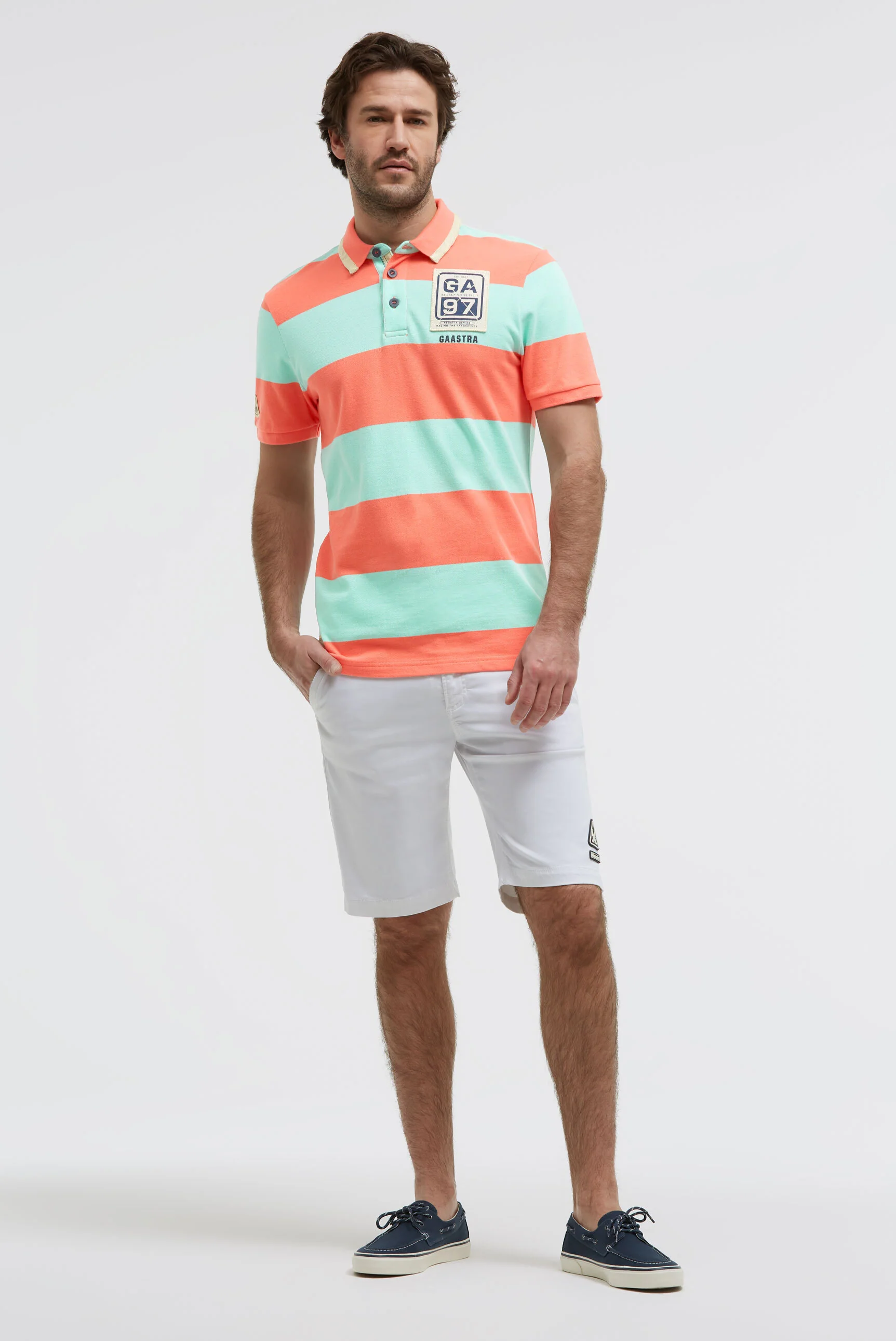 Poloshirt Kurzarm mit Blockstreifen und Patches coral bay - Image 3
